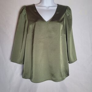 Ann Taylor Factory Satin Vneck 3/4 Sleeve Pop Over Blouse Green Women's Size S